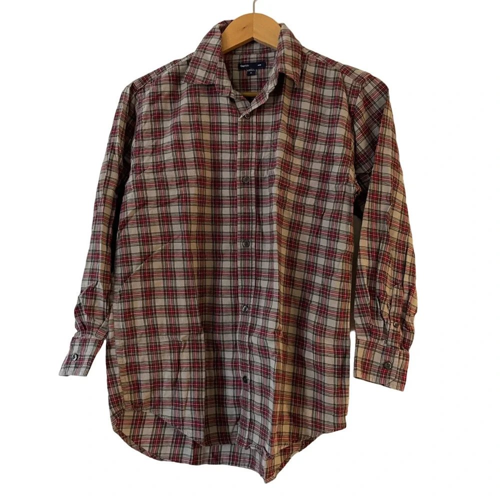 Gap Kids Size XXL Boys Flannel Button Up Shirt‎ Red Gray Plaid Long Sleeve